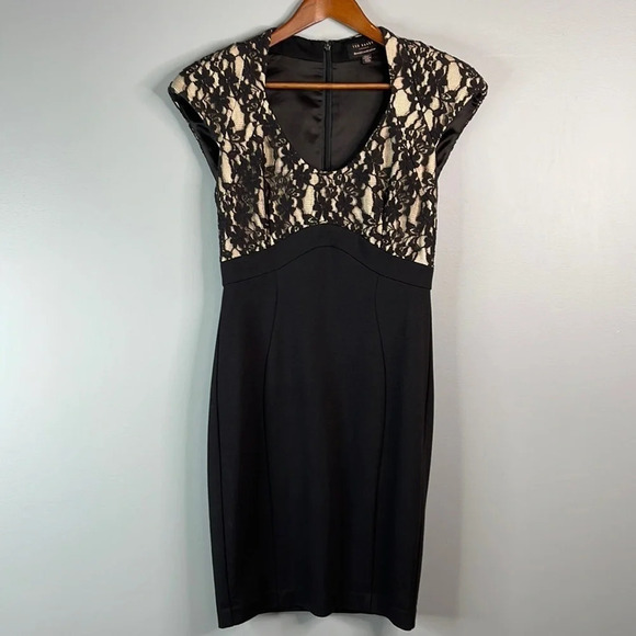 TED BAKER Briony Lace Overlay Dress Black Over Nude Structured Shoulders Size 6 - Picture 11 of 11
